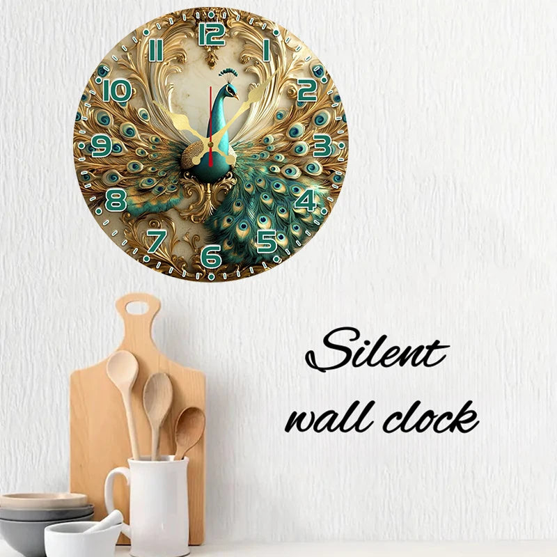 Elegant Peacock Wooden Wall Clock - Silent & Decorative