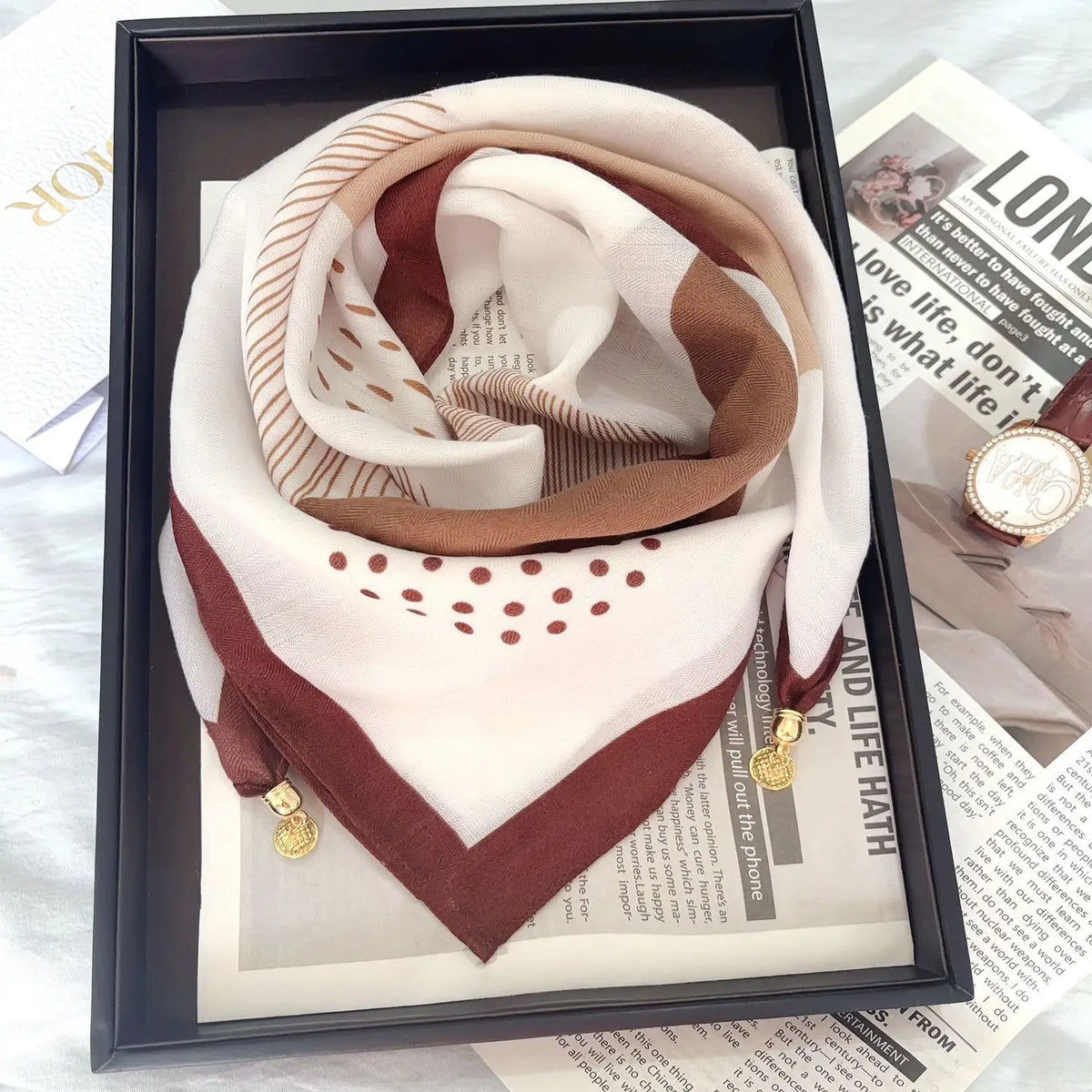 Luxury Silk Square Scarf - Magnetic Buckle & Print