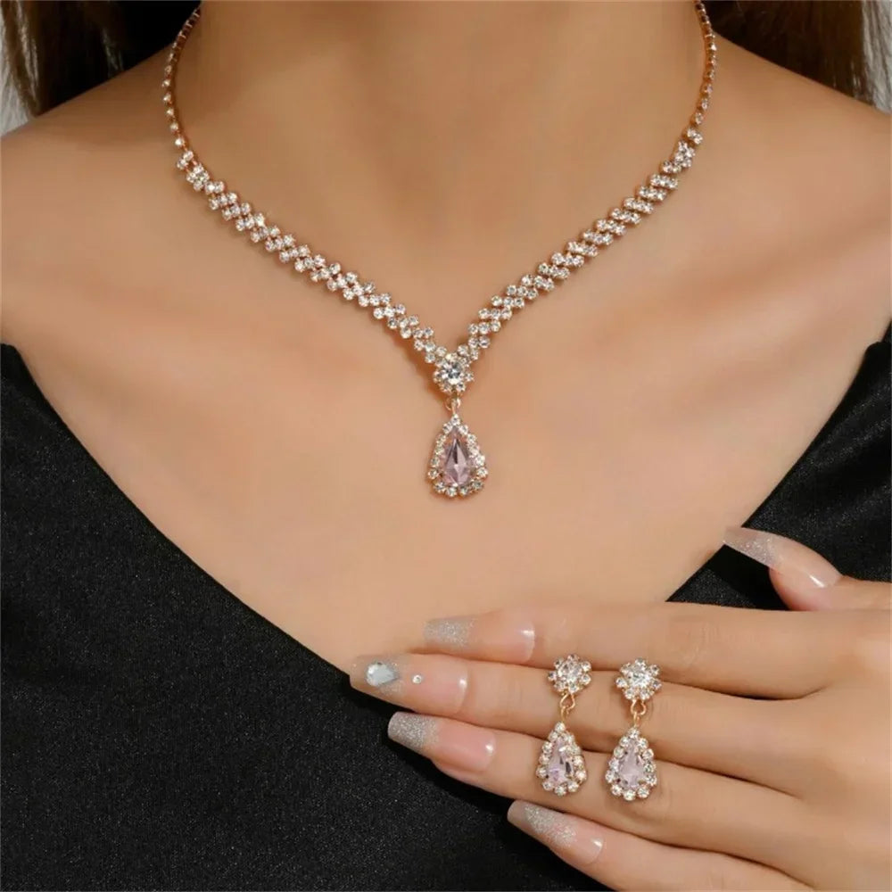 Elegant Crystal Necklace Set - Water Drop Pendant Party Jewelry