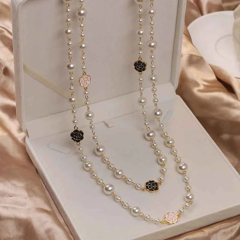 Elegant Long Pearl Necklace - Multilayer Camellia Flower Design