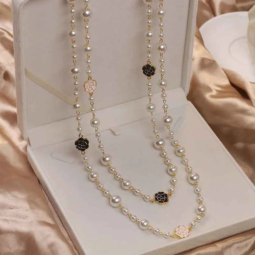 Elegant Long Pearl Necklace - Multilayer Camellia Flower Design