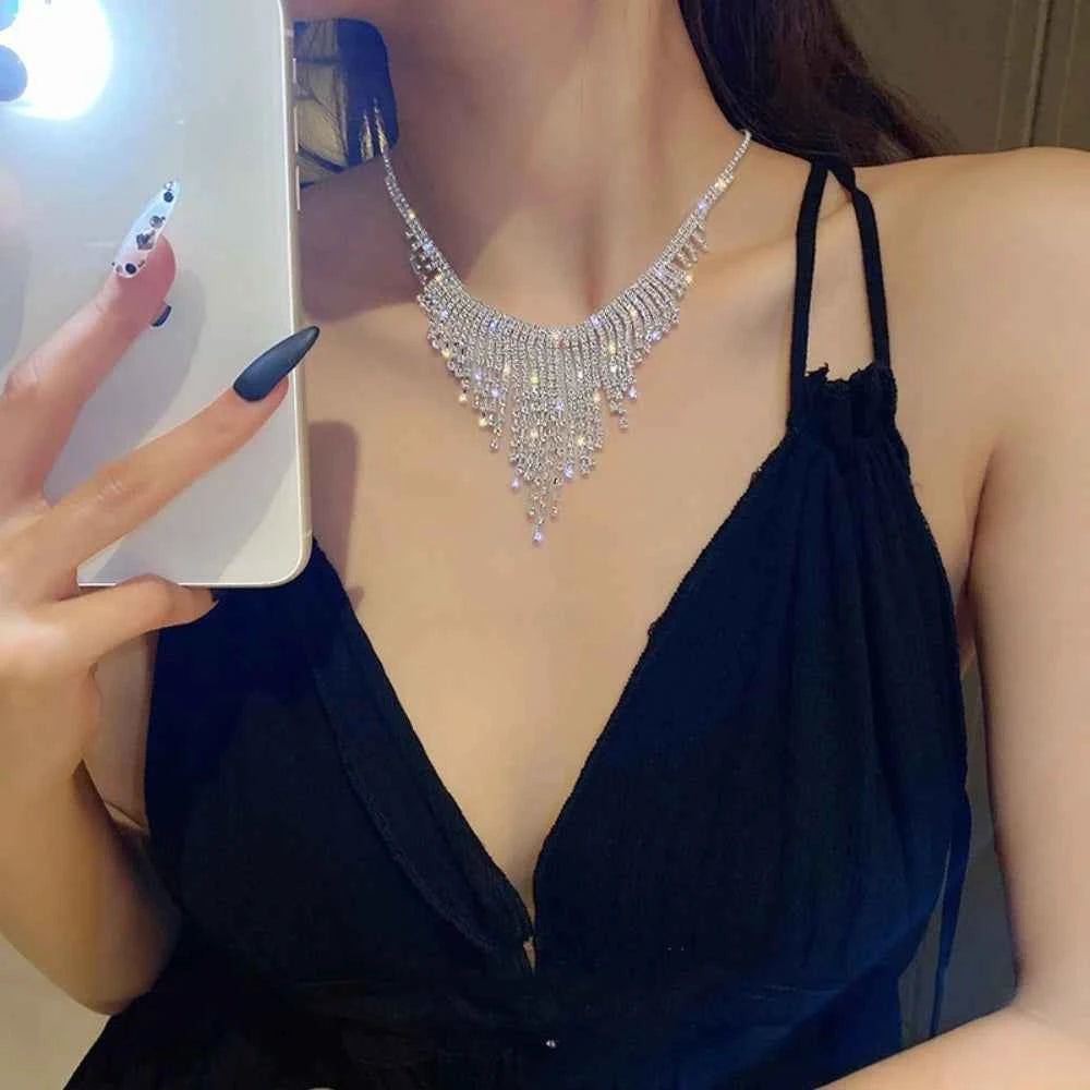 Stunning Rhinestone Tassel Necklace - Silver Bridal Jewelry