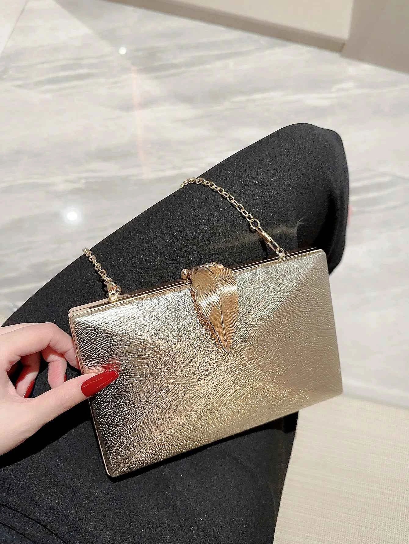 Elegant Gold Evening Clutch - Leaf Buckle Box Bag