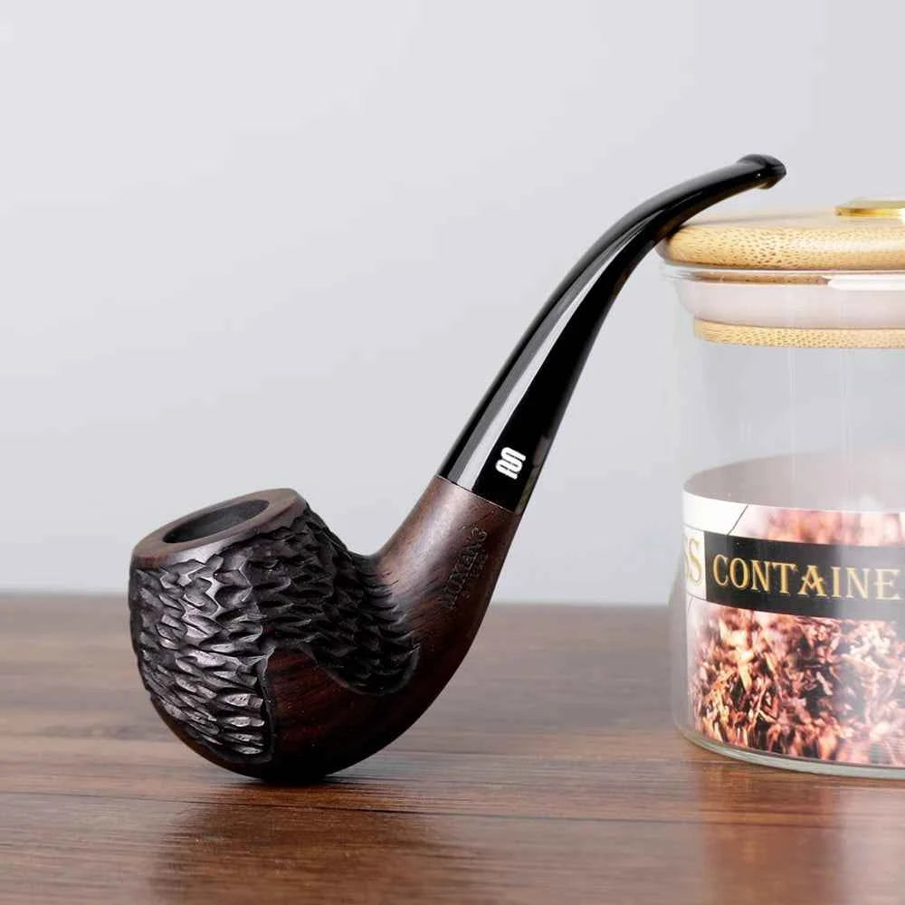 Sherlock Holmes hand-carved tobacco pipe with curved handle and acrylic mouthpiece