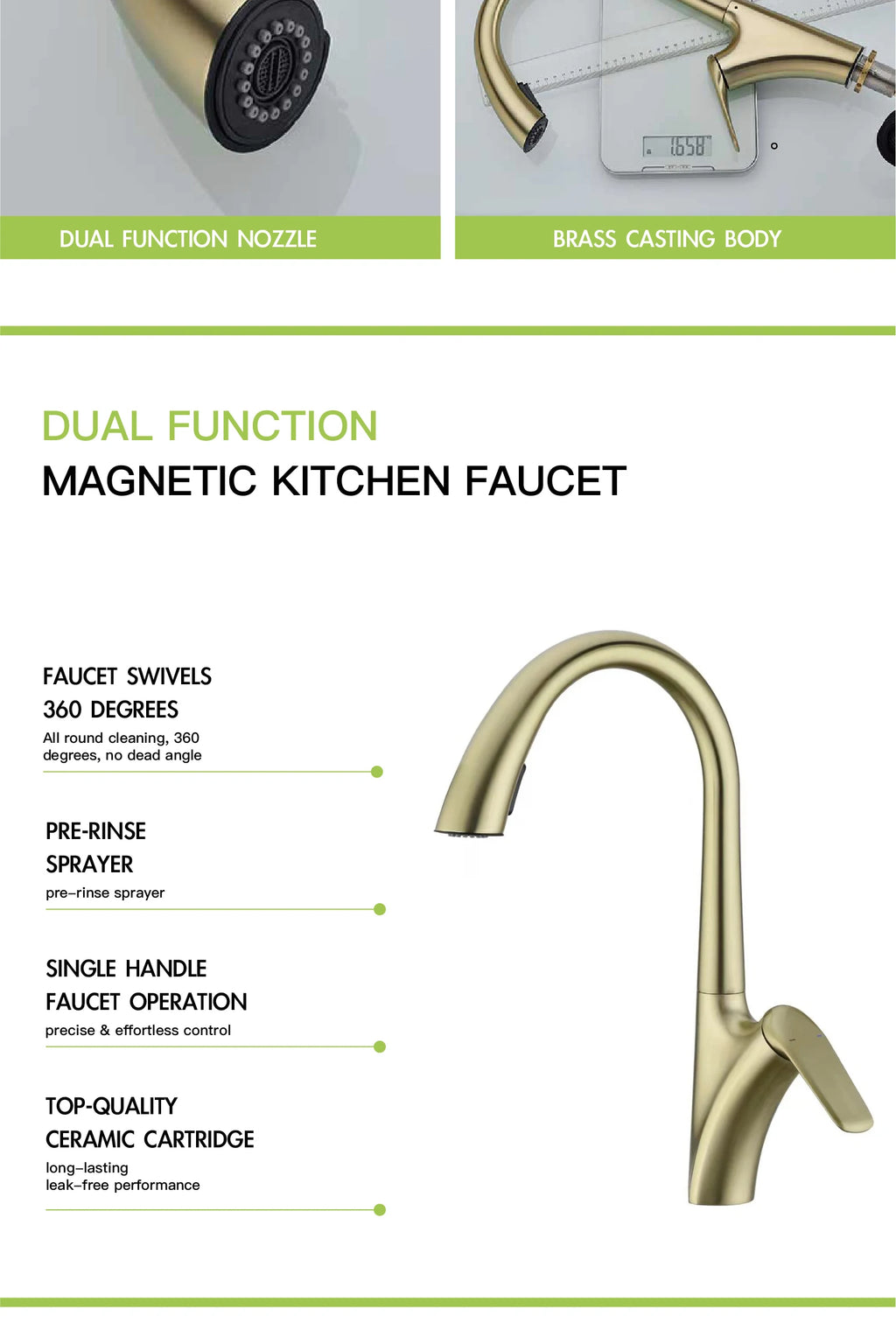 Premium Brushed Gold Kitchen Faucet - Pull-Out Spray