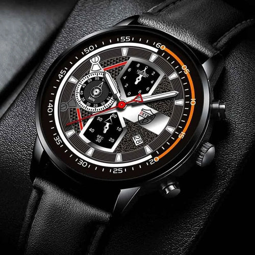 Men's calendar watch - Black leather band with stainless steel case