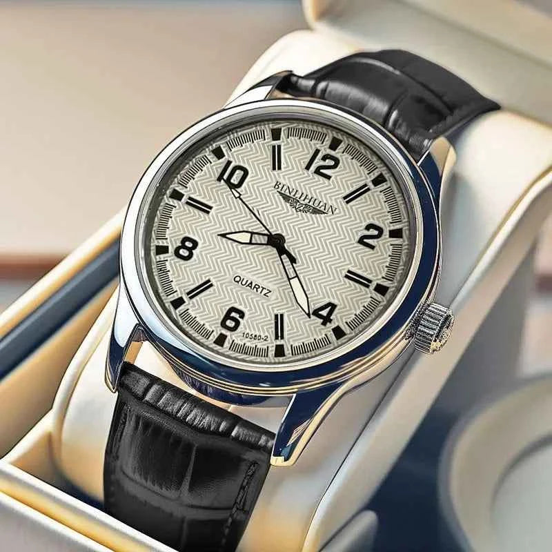 Luxury leather men's watch - elegant business timepiece with silver case and brown strap