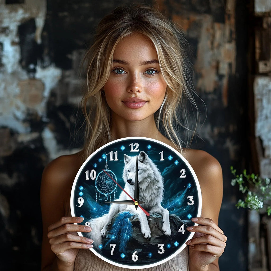 Elegant White Wolf Dreamcatcher Clock - Modern Wooden Wall Decor