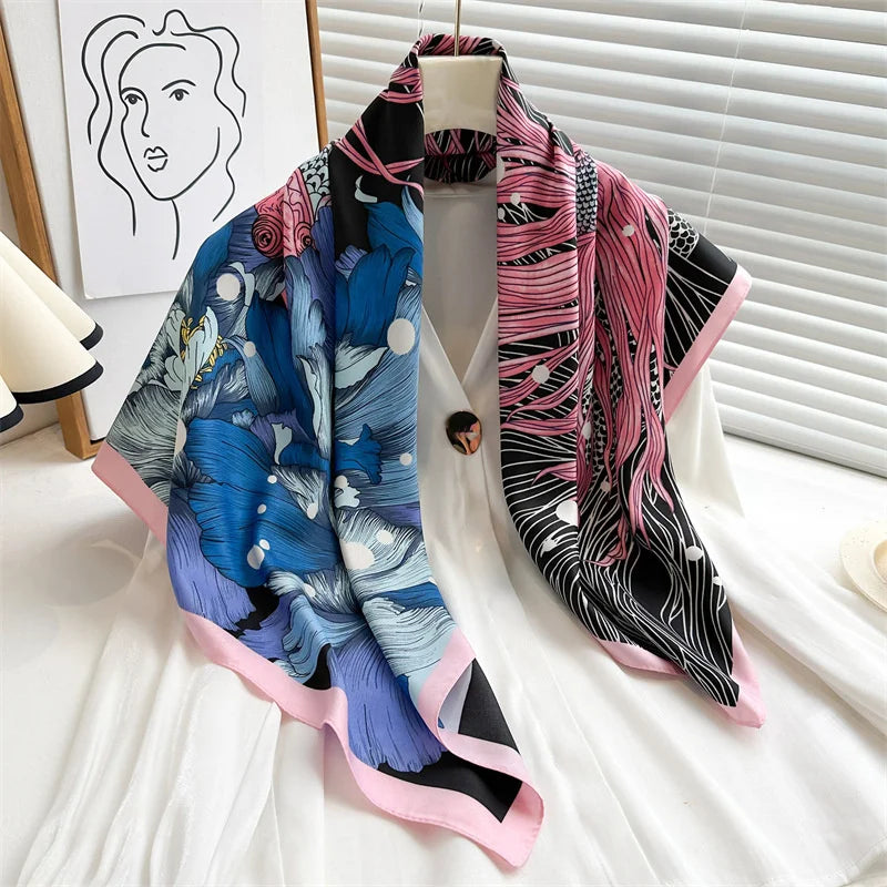 Luxury Square Silk Scarf - Elegant Tree Print Neck Shawl