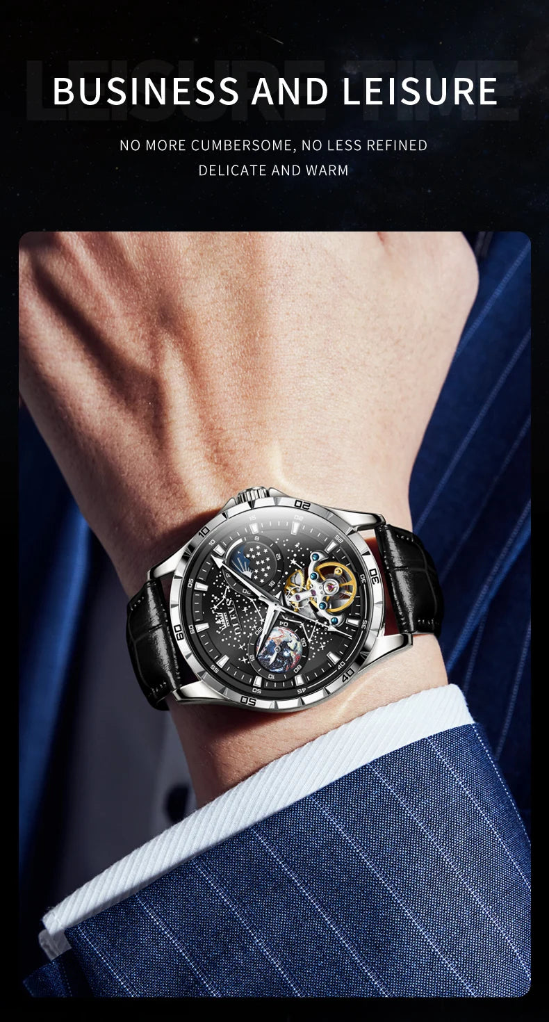 Luxury Men's Moon Phase Watch - Skeleton Chronograph