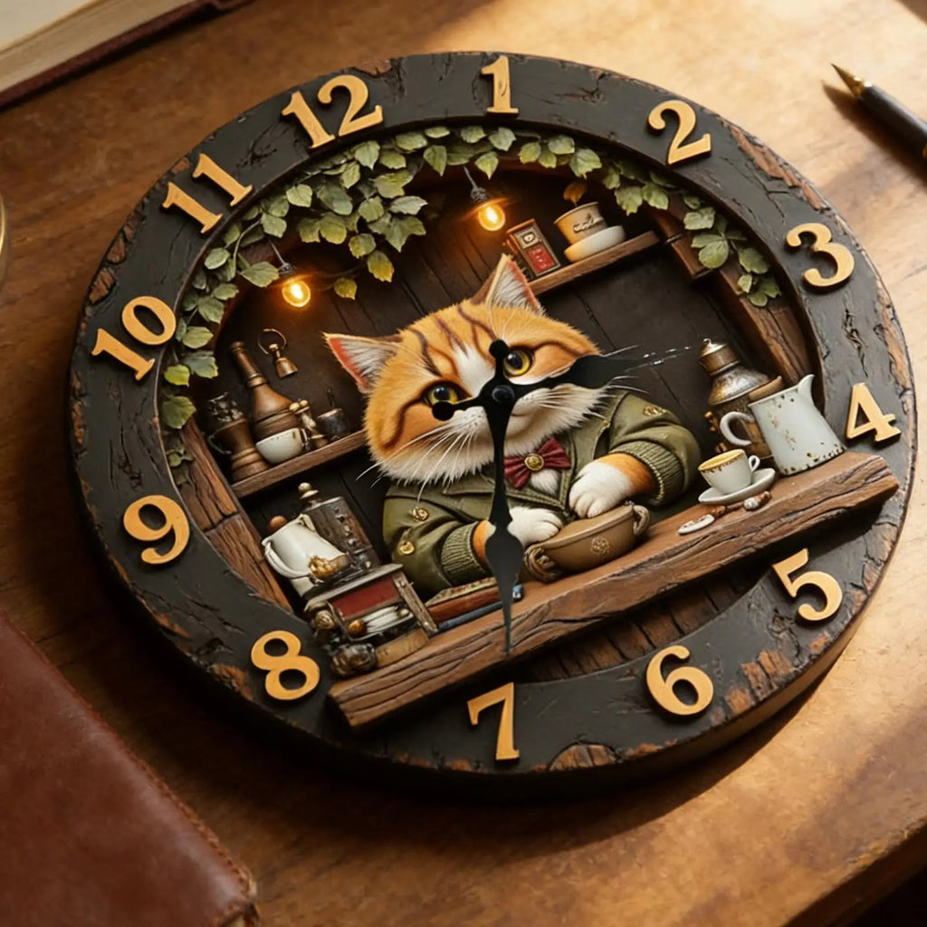 Premium Cat Theme Wall Clock - Silent Wooden Decor