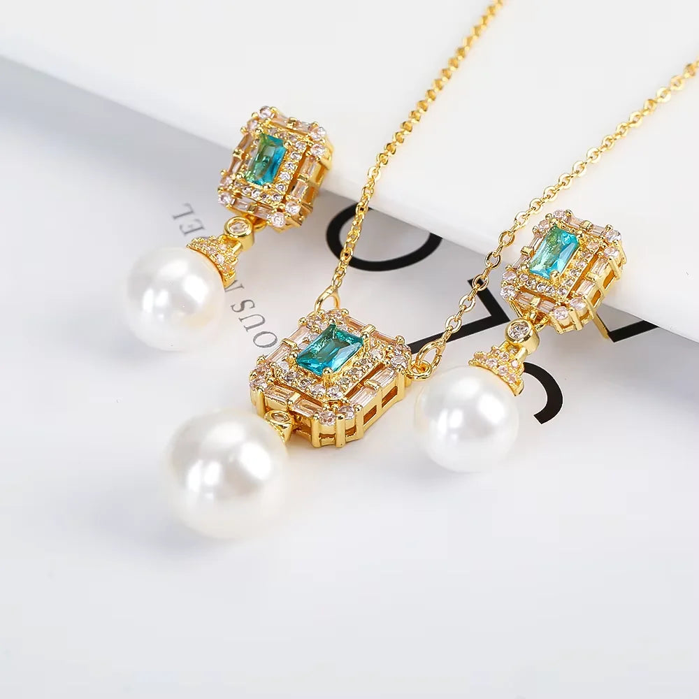 Luxury Pearl Pendant Necklace Earring Set - 18K Gold Plated