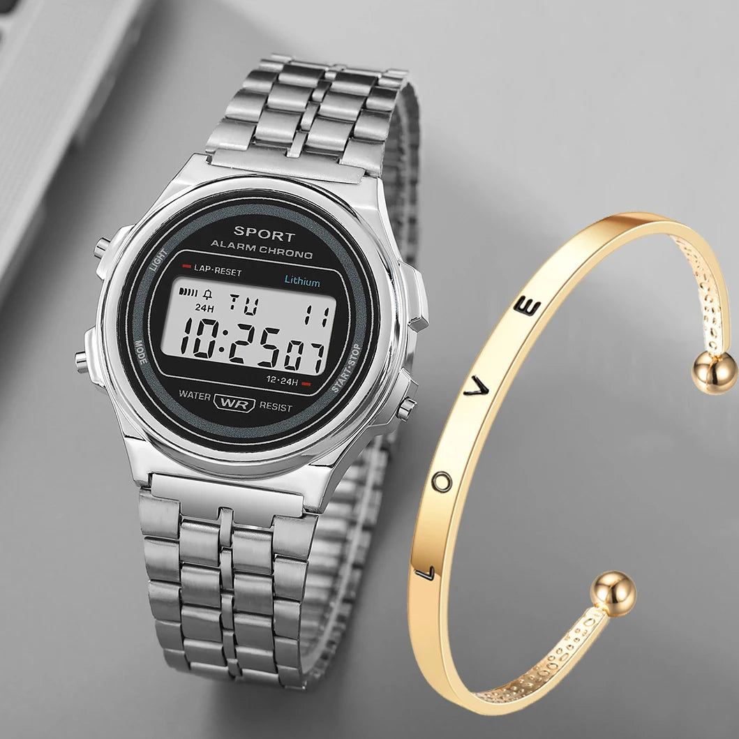 Retro Stainless Steel Ladies LED Digital Watch - Gold & Rose Gold