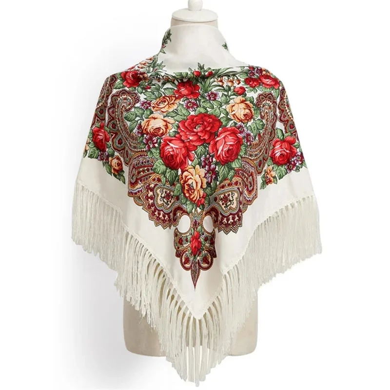 Luxury Floral Russian Scarf - Fringed Square Babushka Shawl