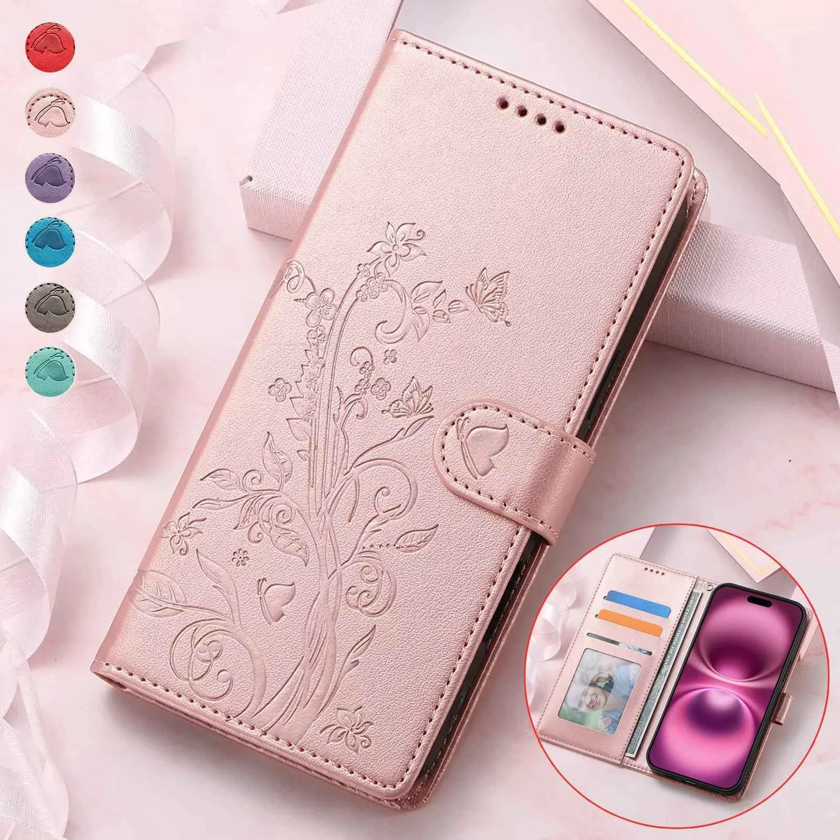 Leather flip case - luxury wallet phone cover with card slot in vibrant color