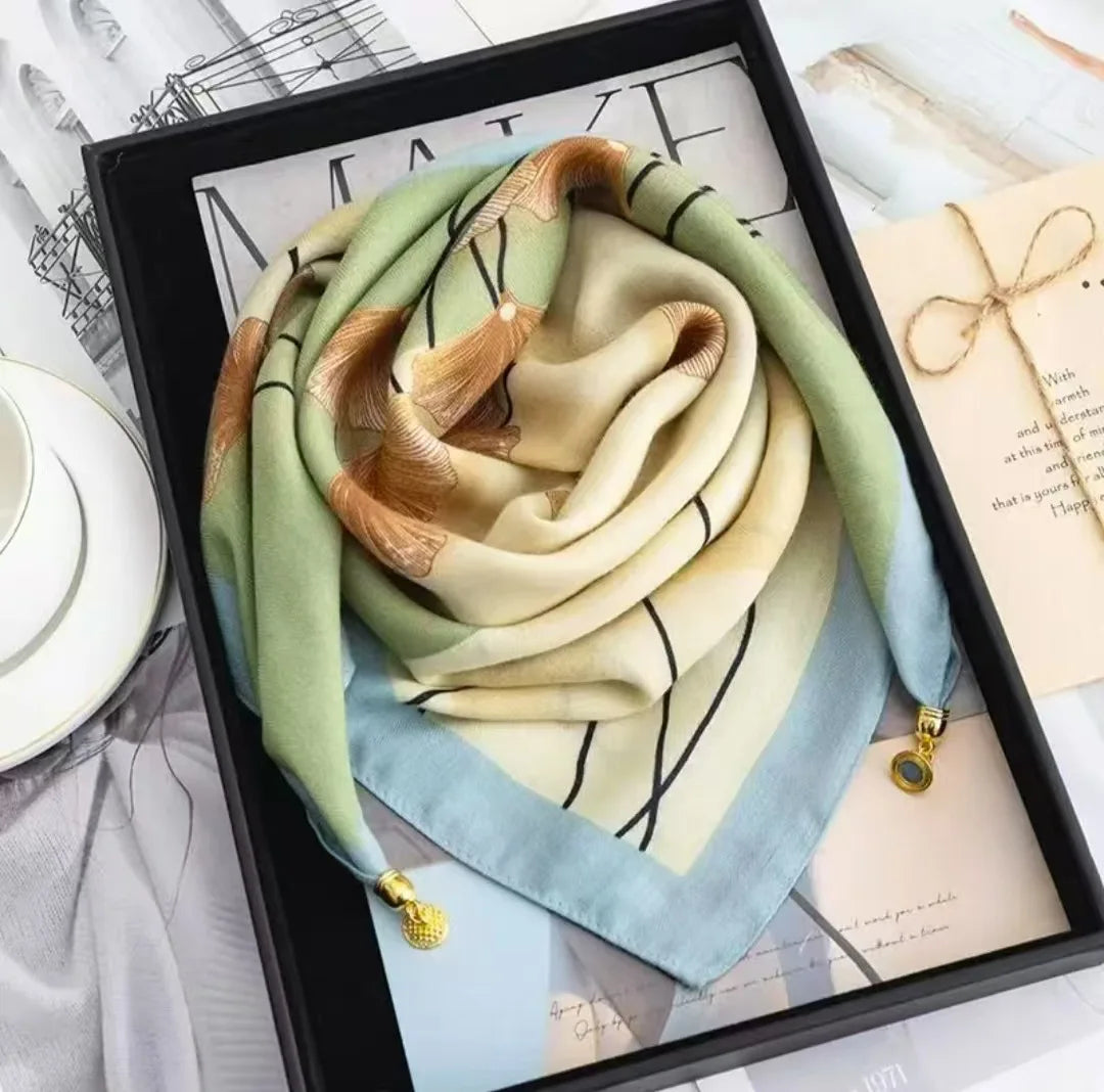Luxury Silk Square Scarf - Magnetic Buckle & Print