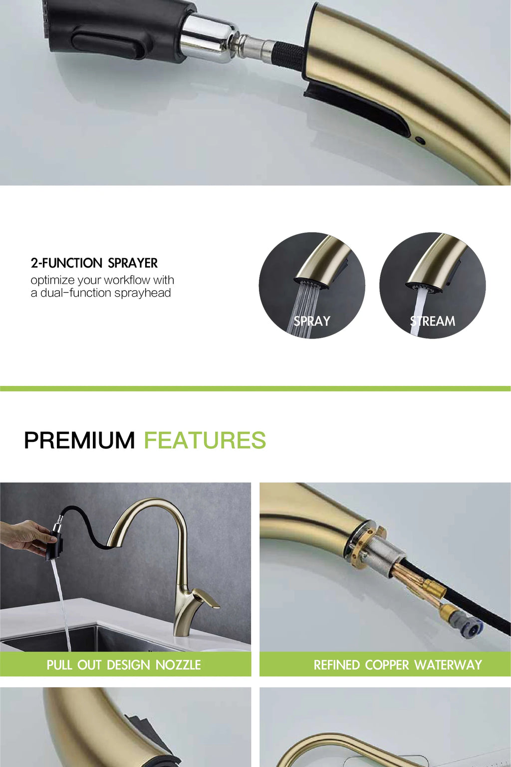 Premium Brushed Gold Kitchen Faucet - Pull-Out Spray