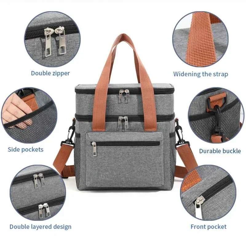 Insulated Lunch Bag - Portable Double-Layer Cooler Tote with Large Capacity and Crossbody Strap for Food Storage, Drinks & Meals - Tulique