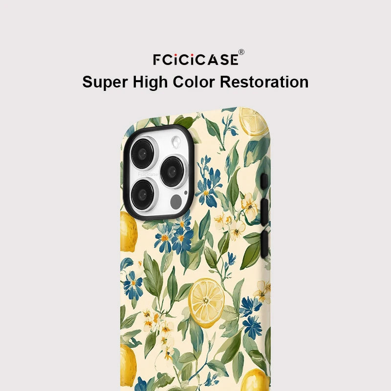 Premium Magnetic Shockproof iPhone Case - Floral Lemon Design