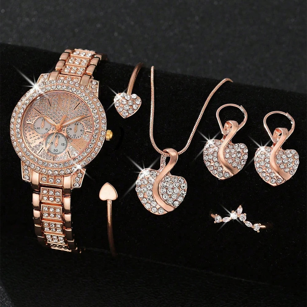 Elegant Women's Quartz Watch & Luxury Jewelry Set
