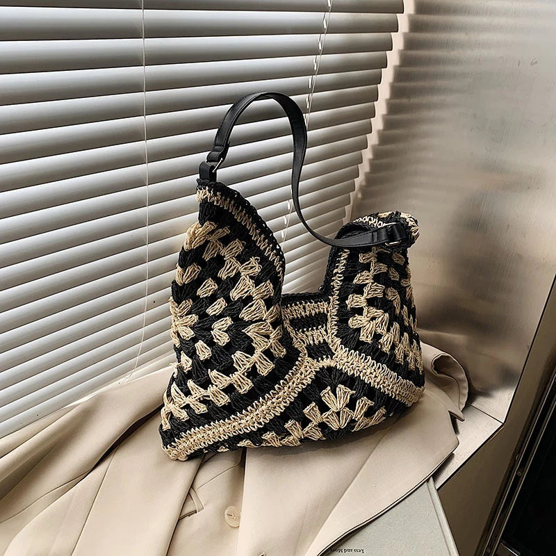 Elegant Knitted Straw Handbag - Hand-Woven Seaside Tote
