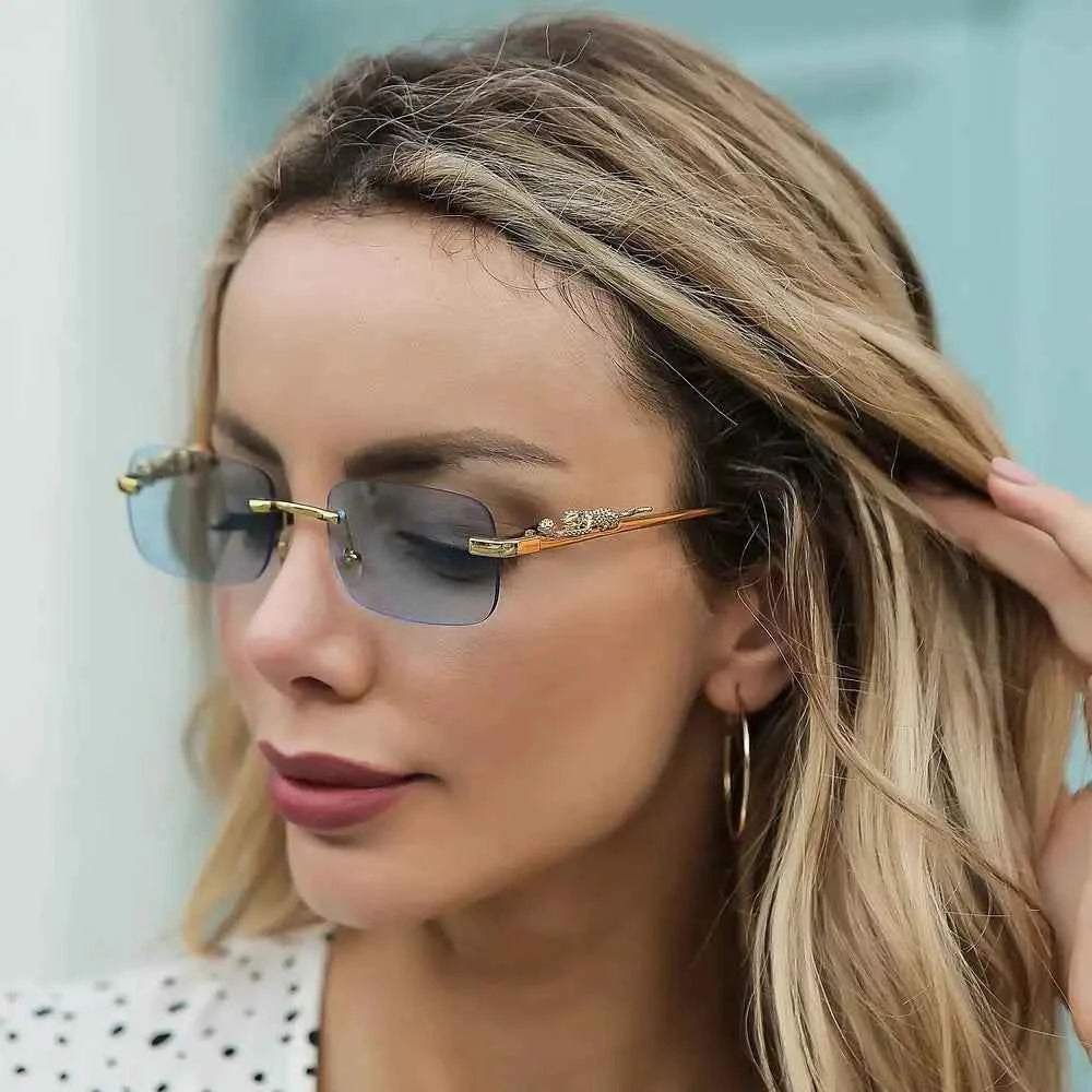 Luxury Rimless Square Sunglasses - Designer Metal Leopard Shade