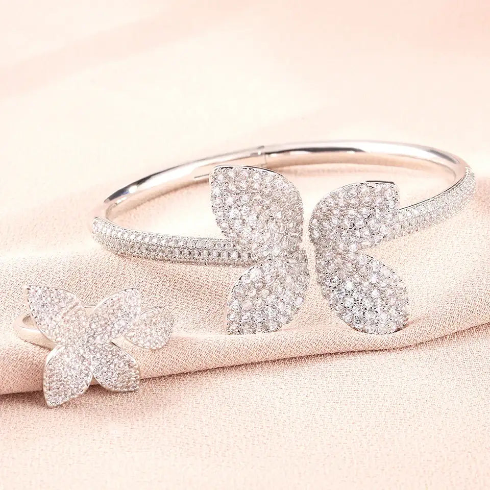 Elegant Flower Zircon Jewelry Set - Bracelet & Ring