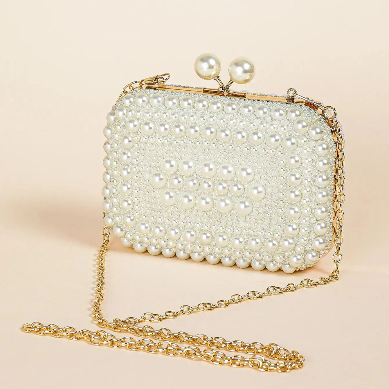 Elegant Pearl Bead Clutch - Glossy Kiss Lock Evening Bag
