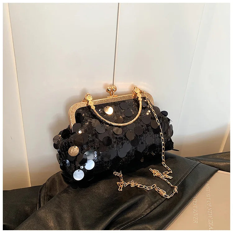 Elegant Sequins Evening Clutch Bag - Bling Chain Strap