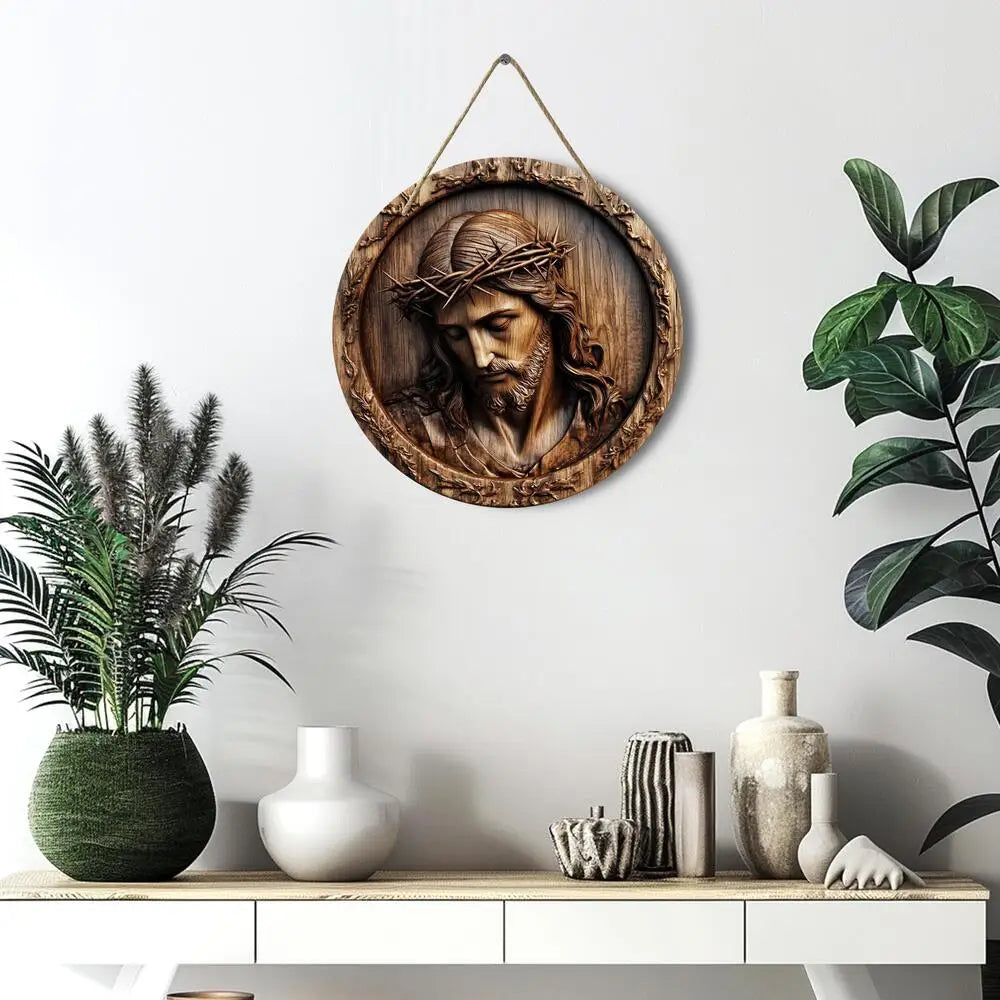 Premium Rustic Jesus Wooden Sign - Round Wall Decor