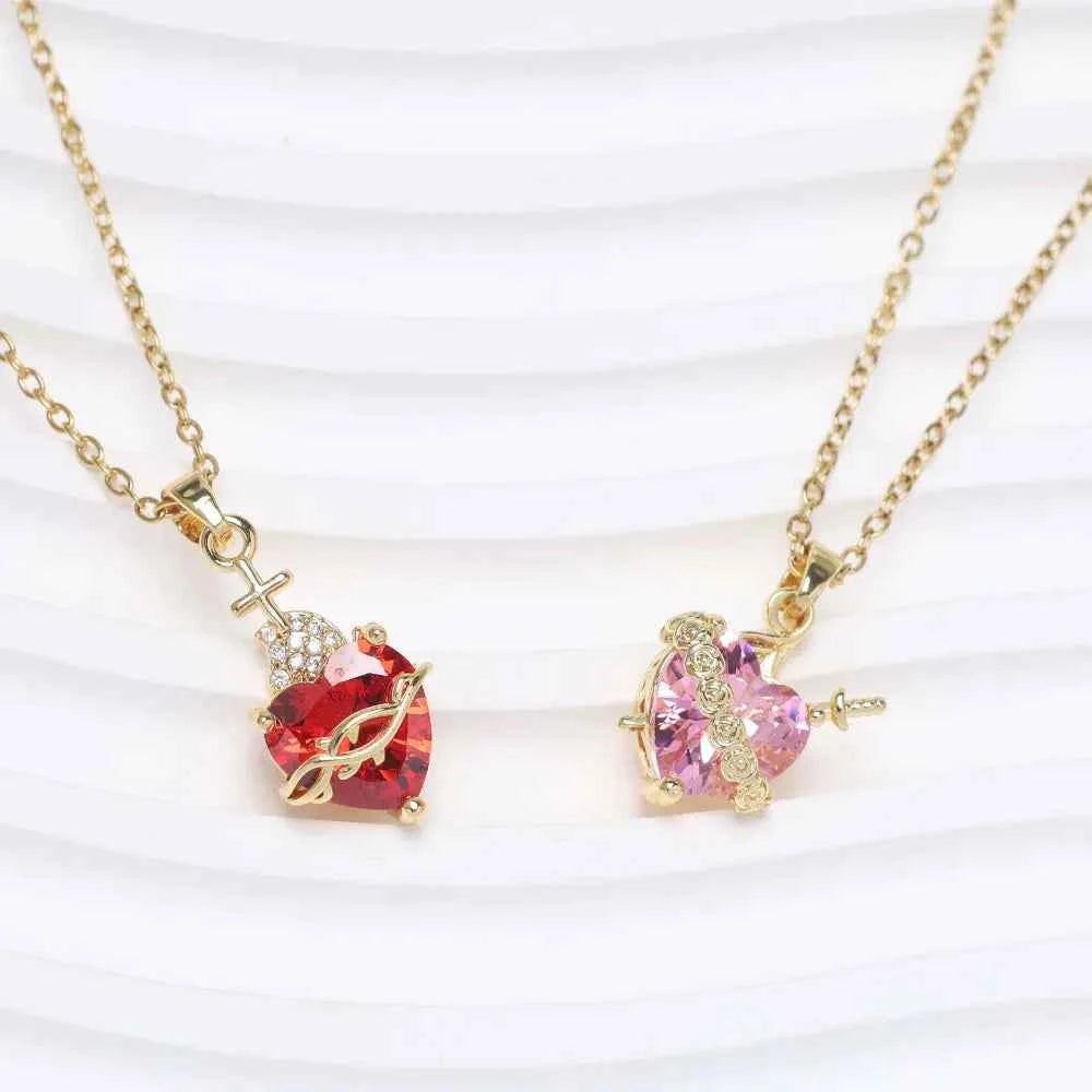 Elegant Pink Rhinestone Heart Necklace - Gothic Y2K Choker