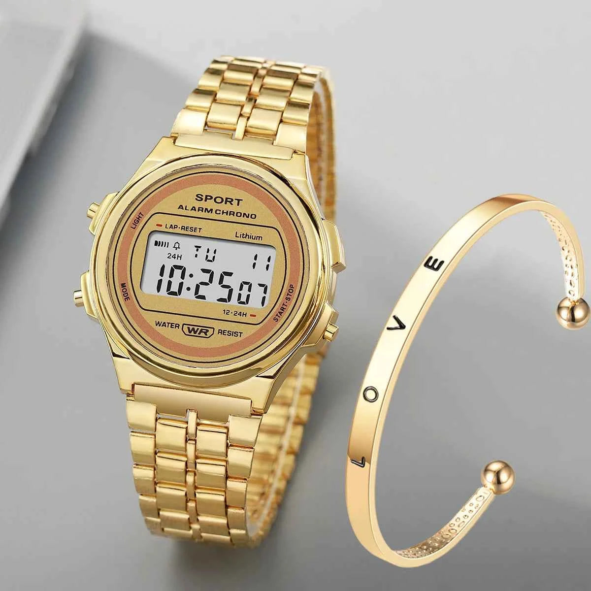 Retro Stainless Steel Ladies LED Digital Watch - Gold & Rose Gold