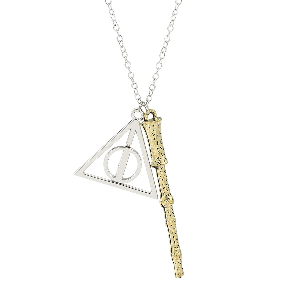 Vintage Deathly Hallows Triangle & Magic Wand Necklace
