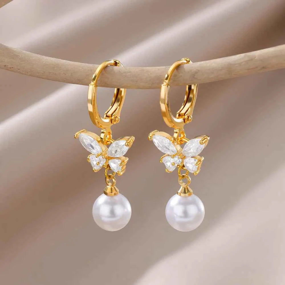 Luxury Butterfly Pearl Earrings - Gold Plated Zircon Jewelry