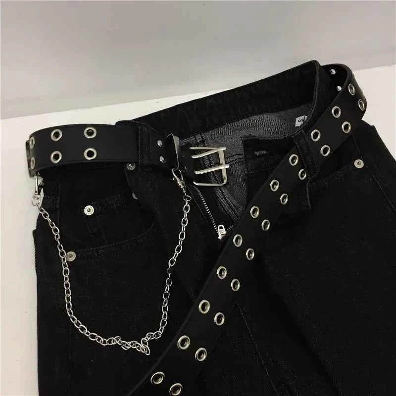 Luxury Women Leather Belt with Chain - Retro Punk Pin Buckle