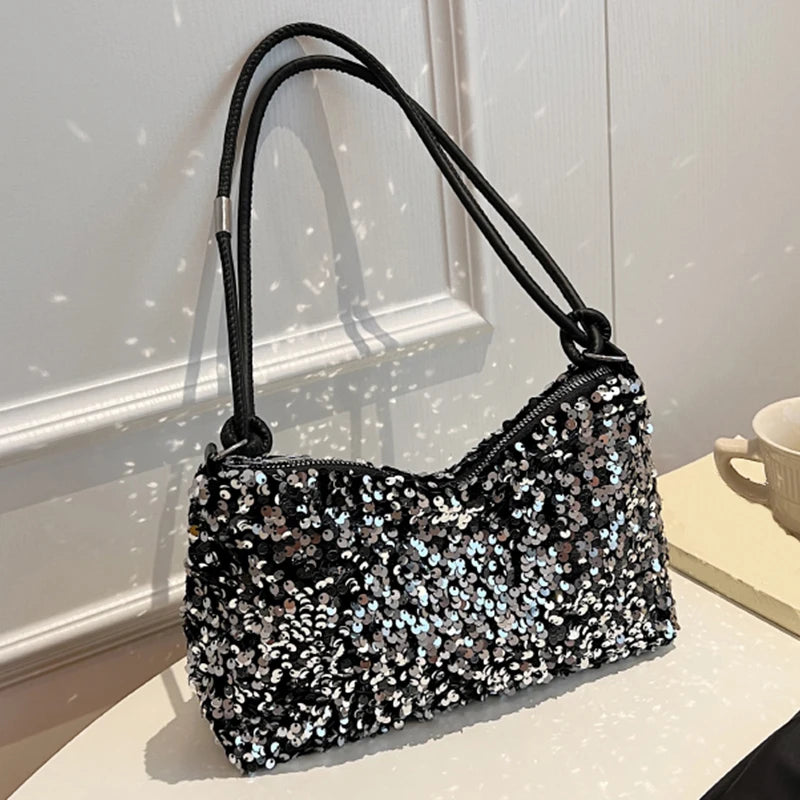 Elegant Sequin Shoulder Bag - Black/Silver Party & Evening