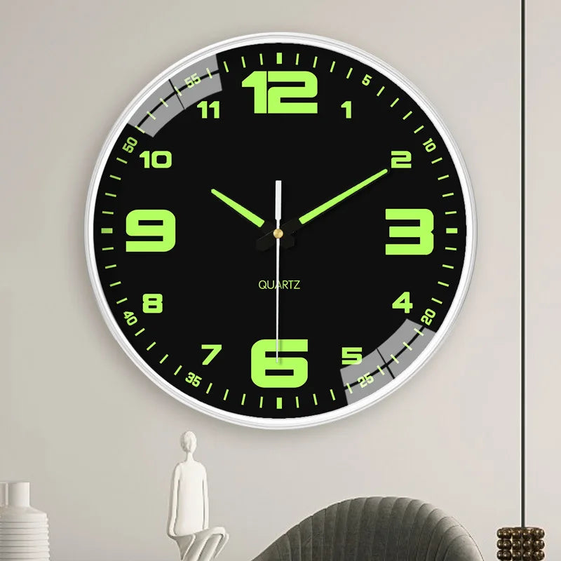 Silent luminous wall clock - 8 inch round clock with glowing hands and markers, sleek black design