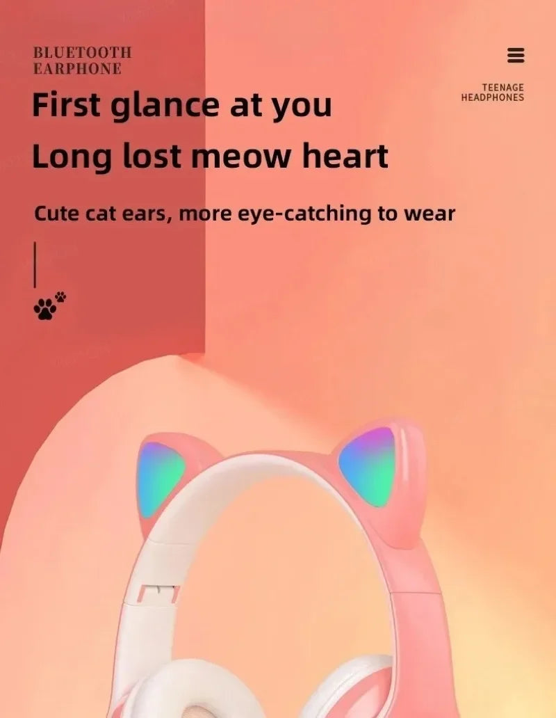 Premium Cat Ear Bluetooth Headphones - LED Stereo & Mic