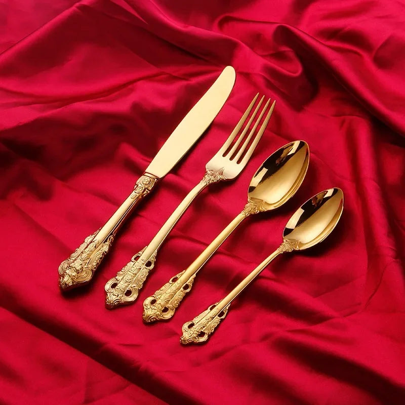 Elegant Vintage Gold Flatware Set - Stainless Steel Luxury