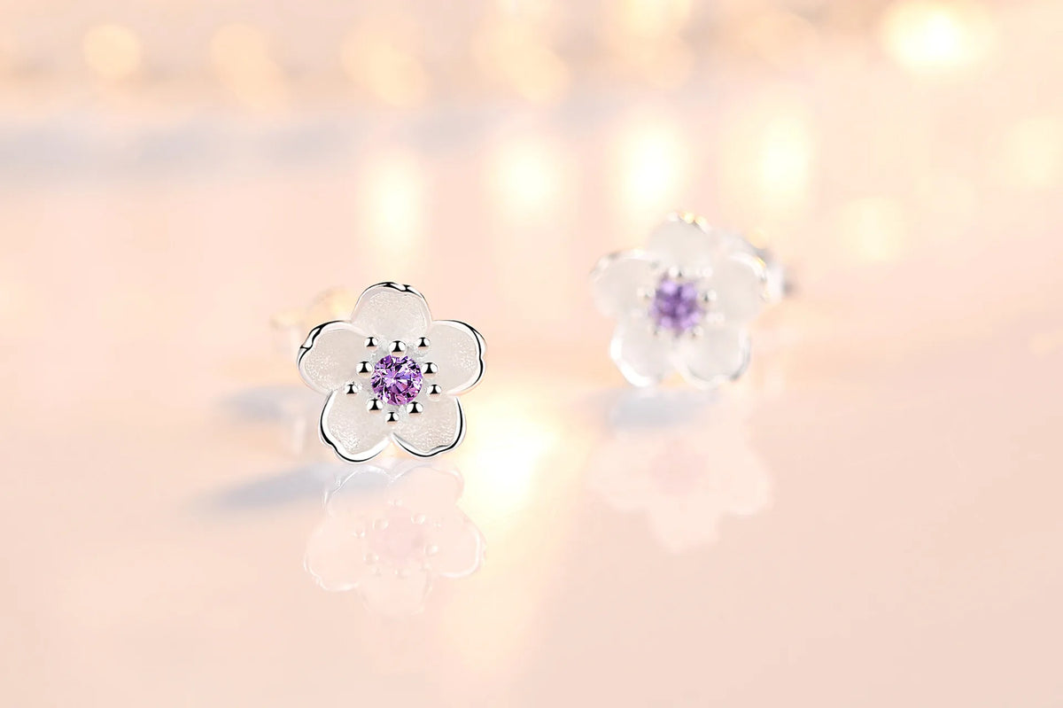 Elegant Sterling Silver Flower Stud Earrings - Luxury Zircon Jewelry