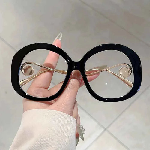 Chic Vintage Round Blue Light Glasses with Pearl Accents