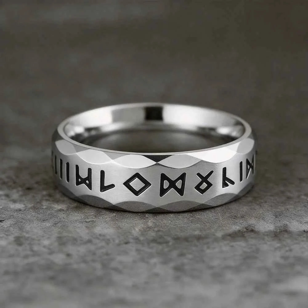 Viking rune ring for men - silver stainless steel with intricate carvings