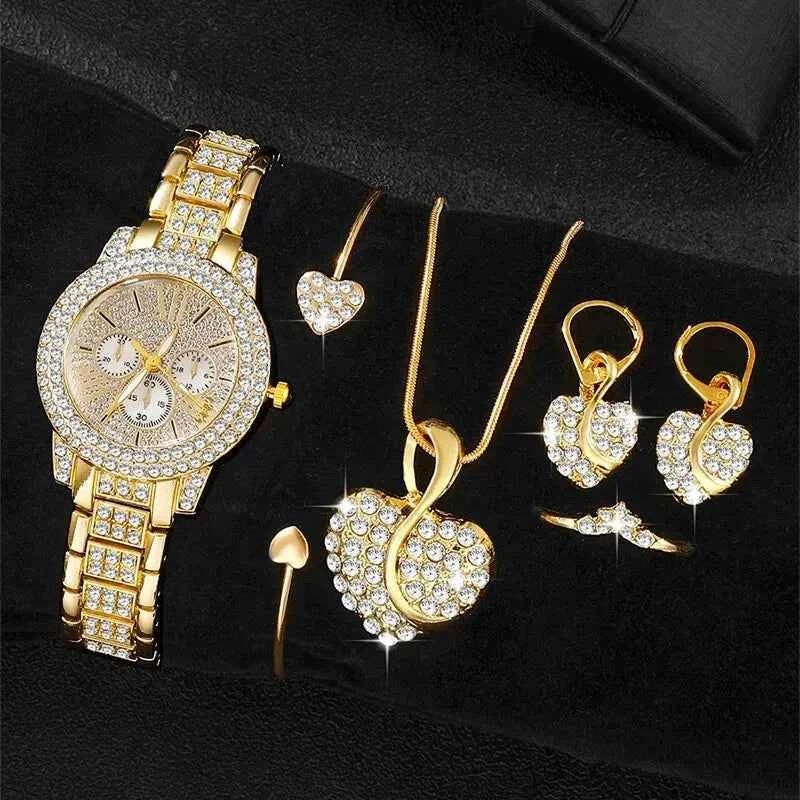 Luxury Women's Quartz Watch and Rhinestone Jewelry Set - Gold