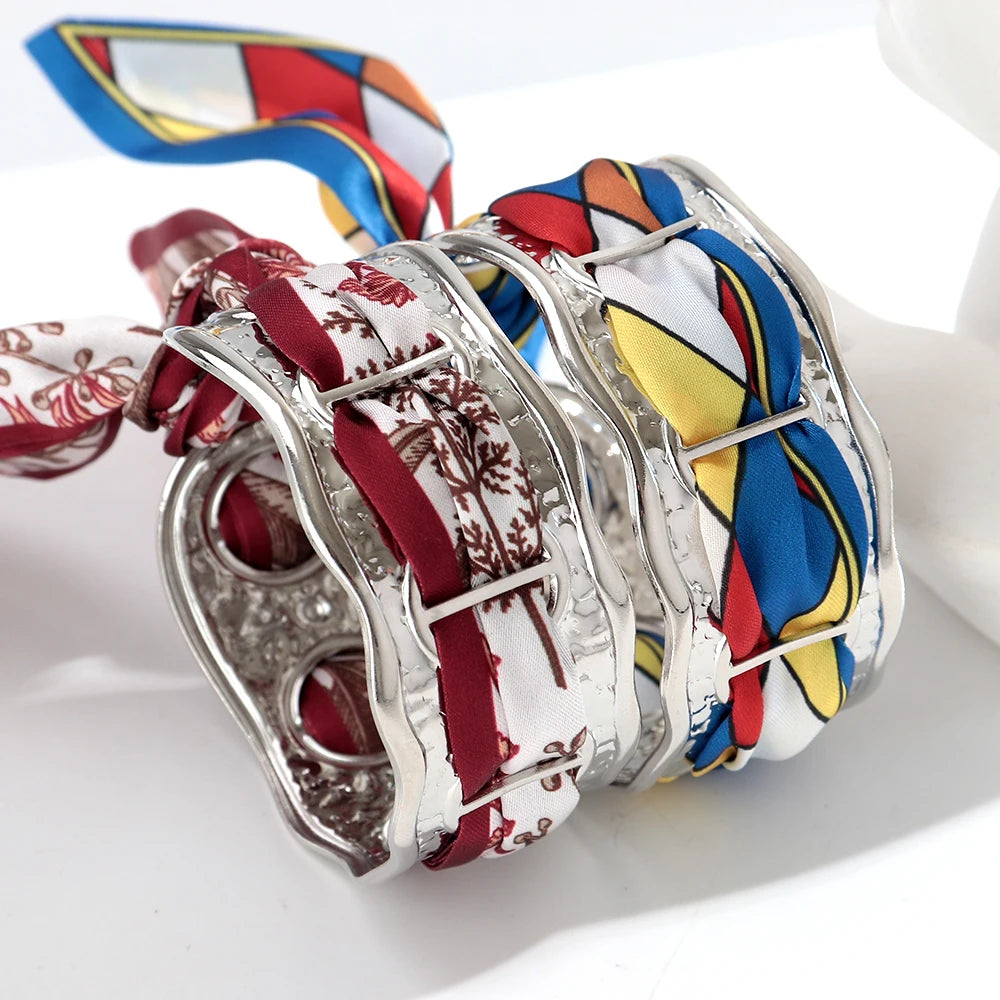 Elegant Silk Cuff Bracelet - Gold & Silver Retro Design