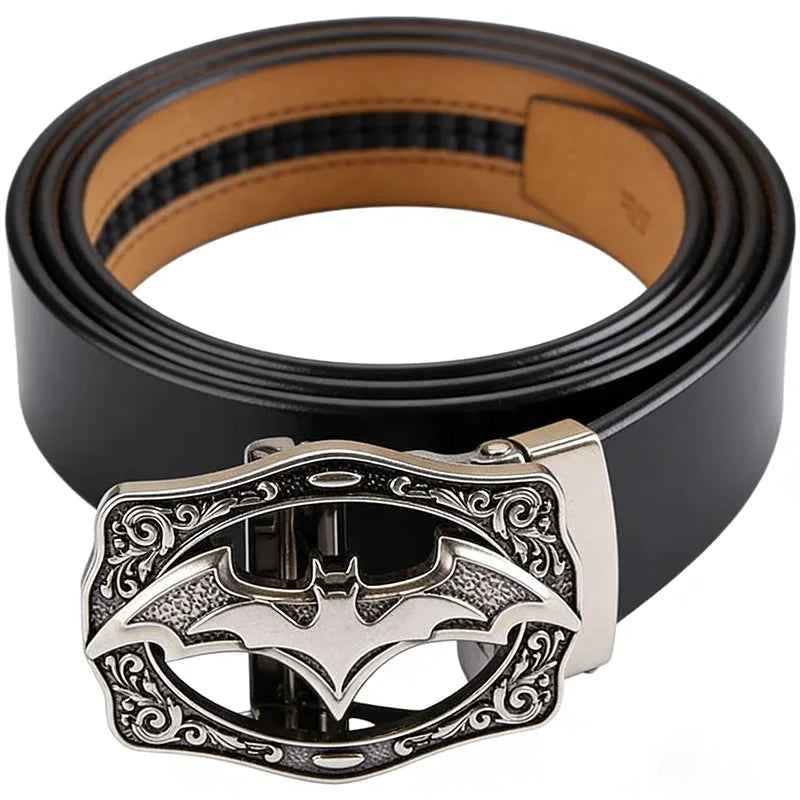 Men's Retro Automatic Belt with Bat Buckle Vintage Genuine Leather Waistband for Casual Wear Adjustable Male Jeans Waist Straps‌