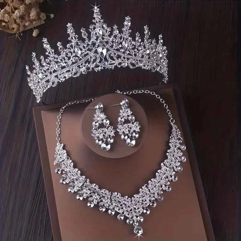 Elegant Crystal Crown Necklace & Earring Bridal Set