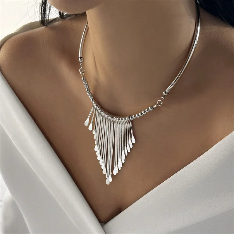 Elegant Bridal Choker Necklace - Gold Geometric Tassel Pendant