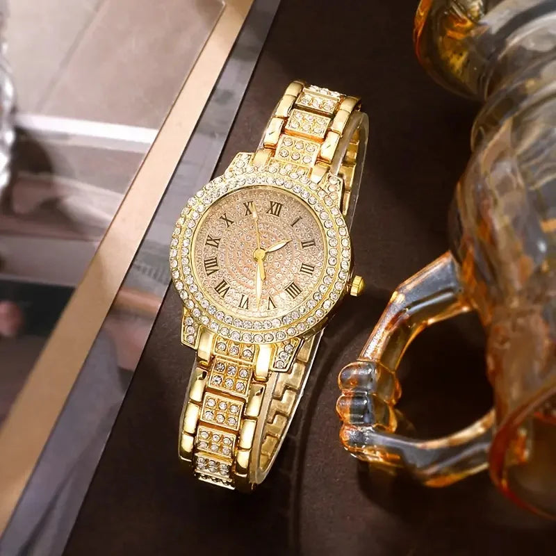 Elegant Diamond Roman Quartz Watch & Bracelet Set