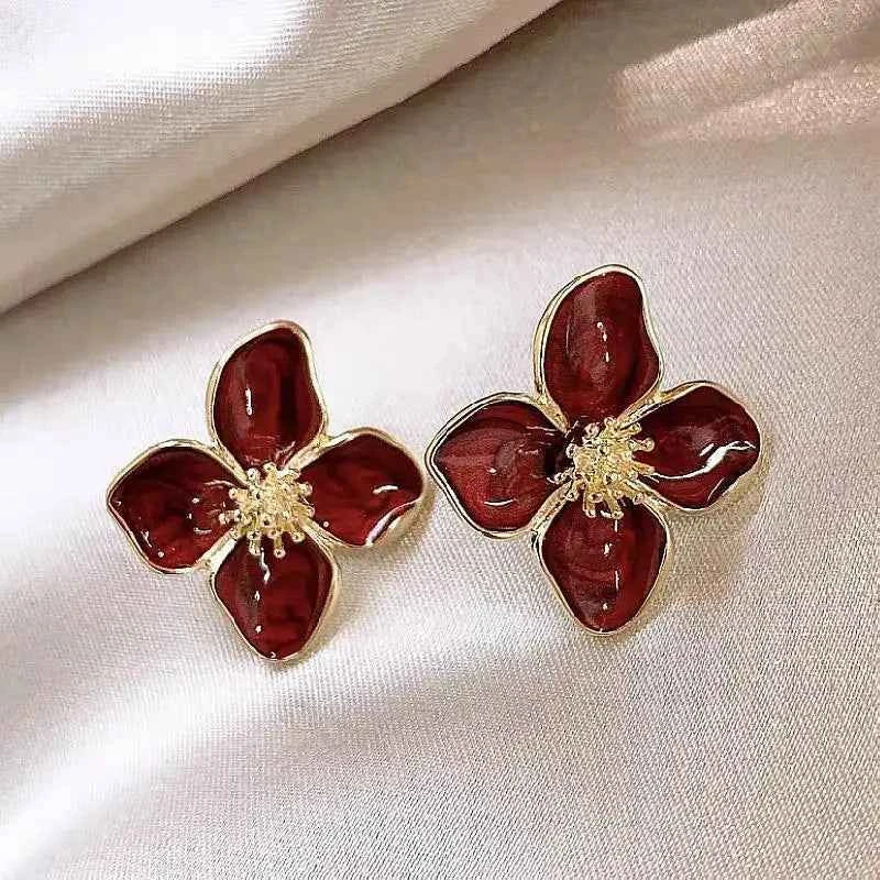 Elegant Retro Drip Glaze Red Flower Earrings - Luxury Jewelry