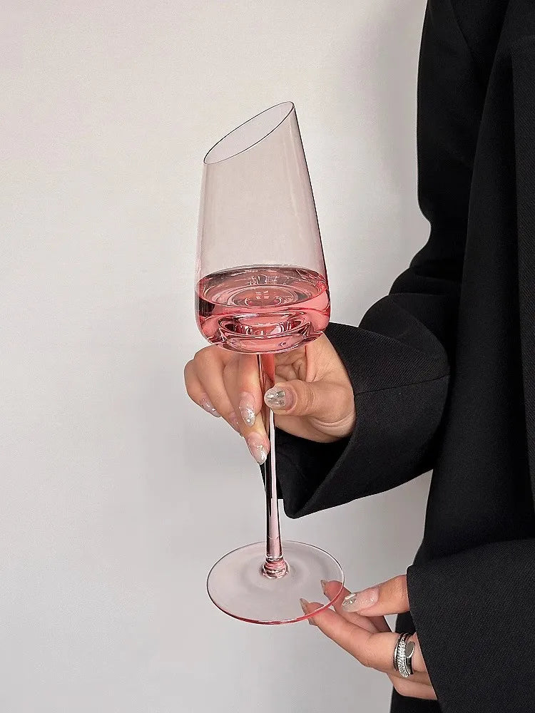 Elegant Pink Vintage Wine Glass - Slanted Mouth Design